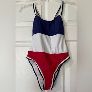 Women’s red, white and blue one piece swimsuit.